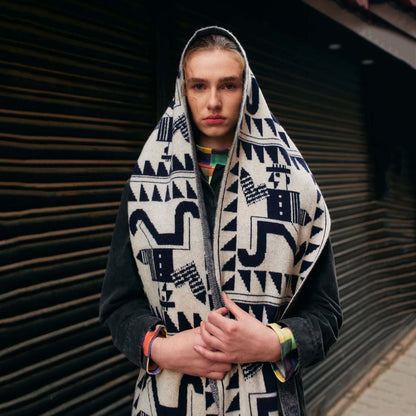 女士藏青色提花羊毛围巾(200x30cm)