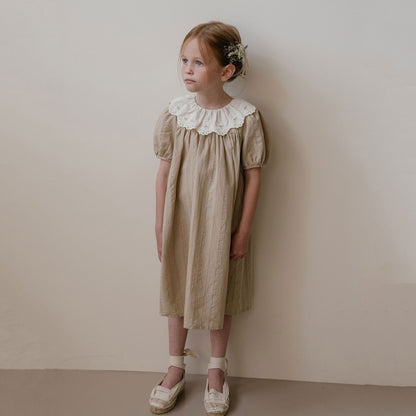 女童卡其色荷叶边棉连衣裙