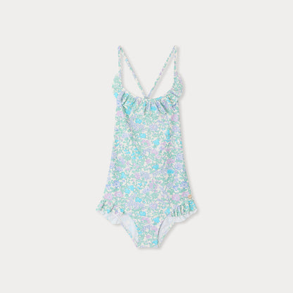 女童绿色碎花泳衣