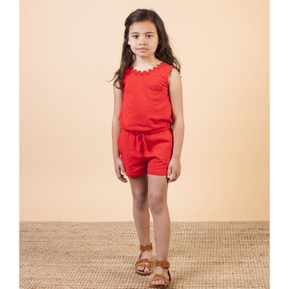 Girls Red Cotton Jumpsuit