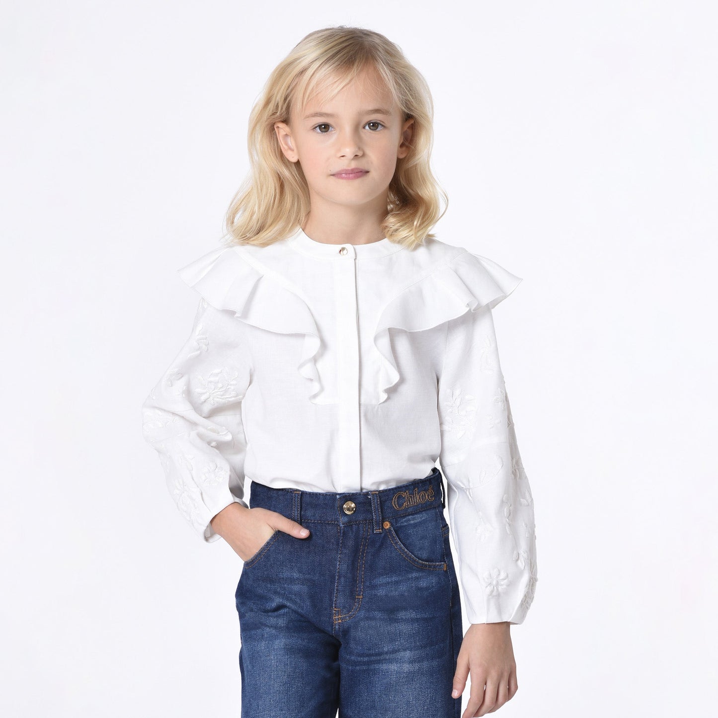 女童白色荷叶边棉衬衫