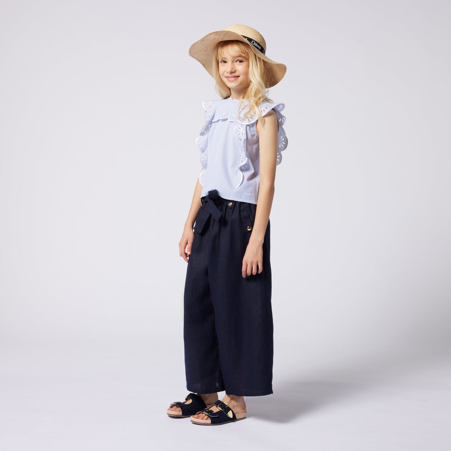女童深蓝色亚麻长裤