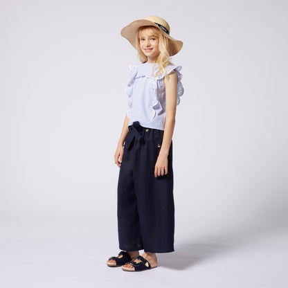 女童深蓝色亚麻长裤