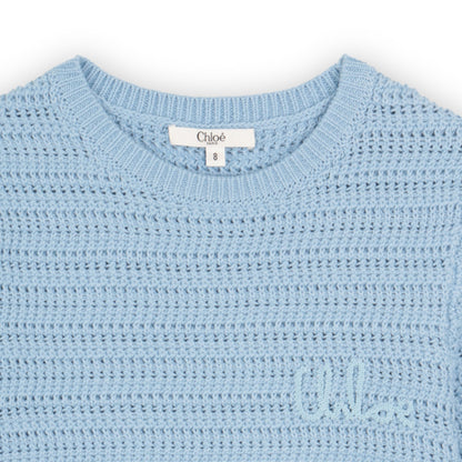 女童蓝色镂空棉针织毛衣