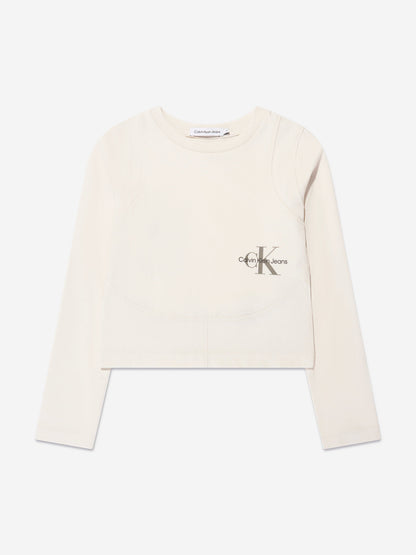 Calvin Klein Girls Monogram Off Placed T-Shirt in Beige