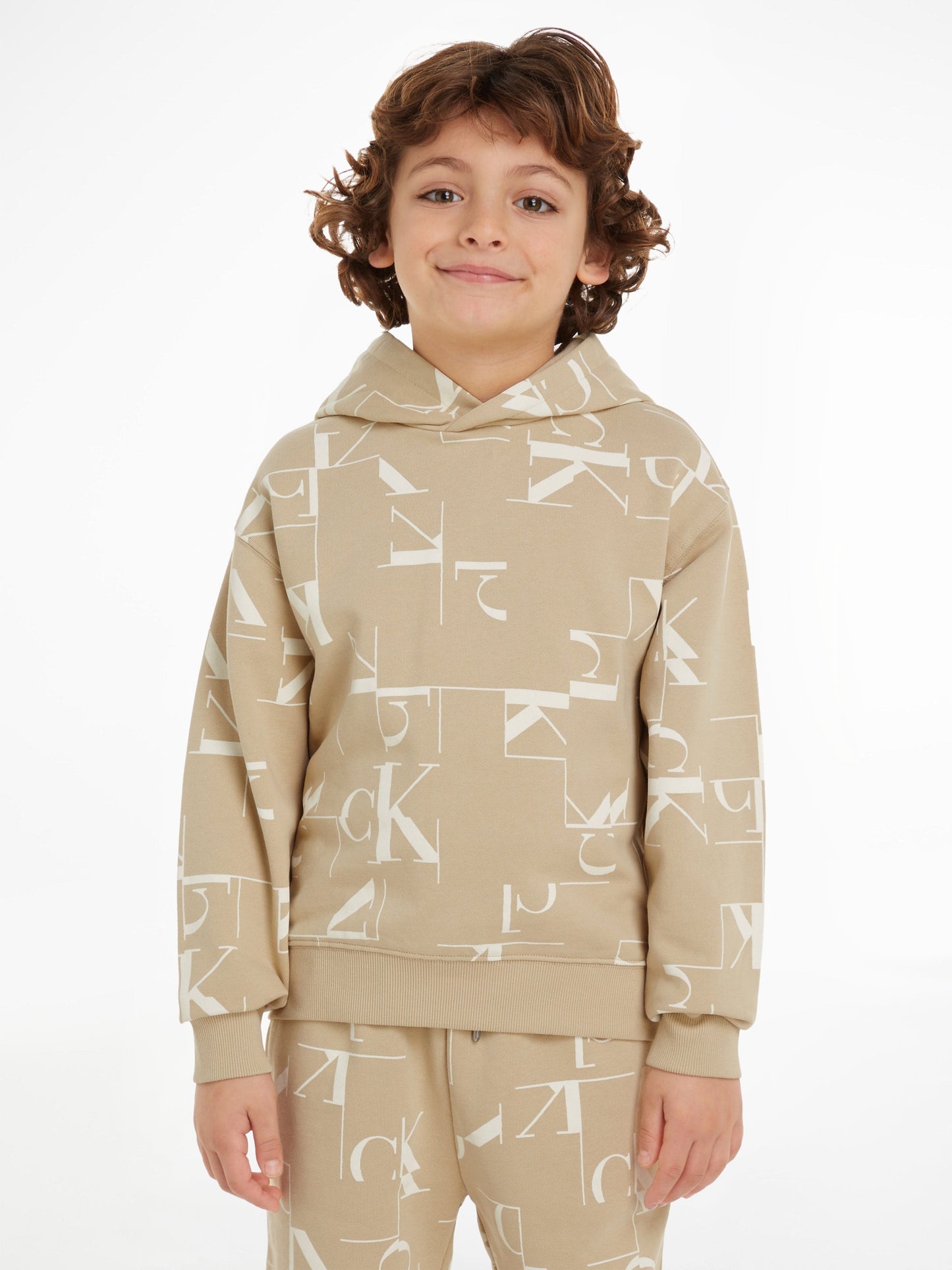 Calvin Klein Boys City Grid AOP Hoodie in Beige