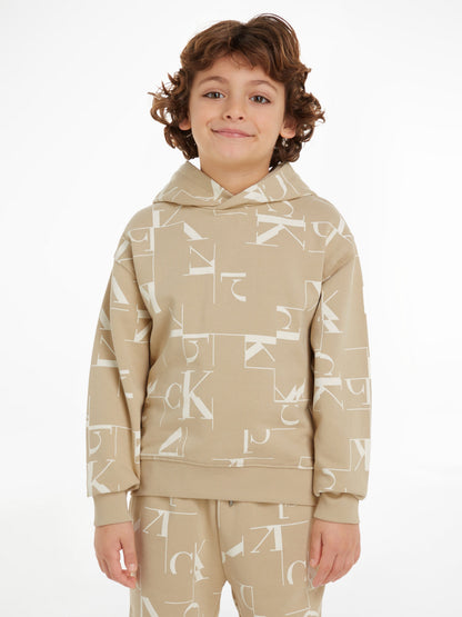Calvin Klein Boys City Grid AOP Hoodie in Beige