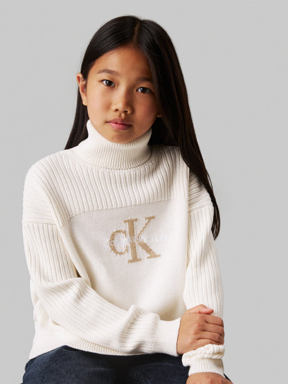 Calvin Klein Girls Logo Rollneck Sweater in Ivory