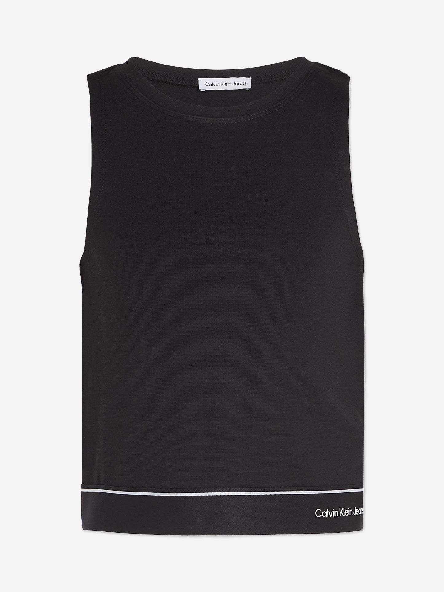 Calvin Klein Girls Logo Tape Sleeveless Punto Top in Black