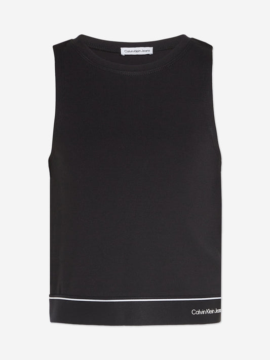 Calvin Klein Girls Logo Tape Sleeveless Punto Top in Black