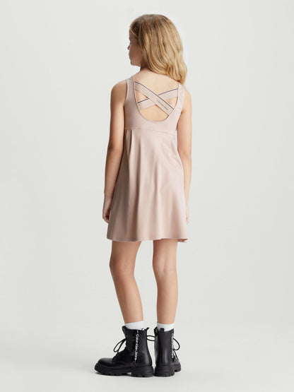 Calvin Klein Girls Back Logo Tape Fit Flare Dress in Pink