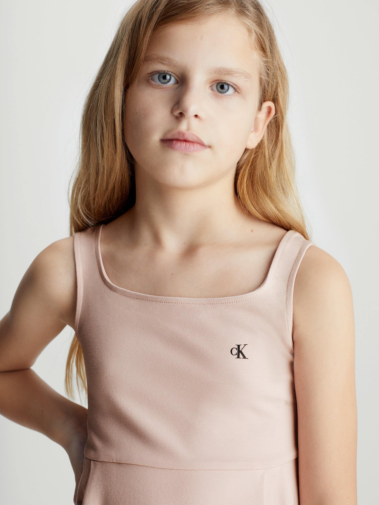 Calvin Klein Girls Back Logo Tape Fit Flare Dress in Pink