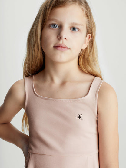 Calvin Klein Girls Back Logo Tape Fit Flare Dress in Pink