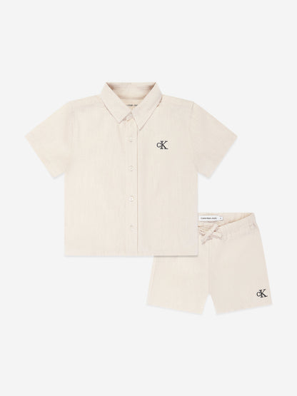 Calvin Klein 男婴亚麻混纺短裤套装（米色）