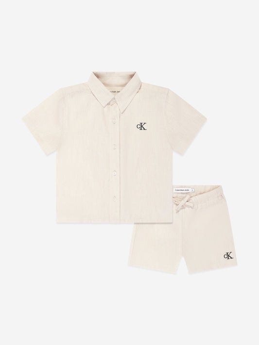 Calvin Klein 男婴亚麻混纺短裤套装（米色）