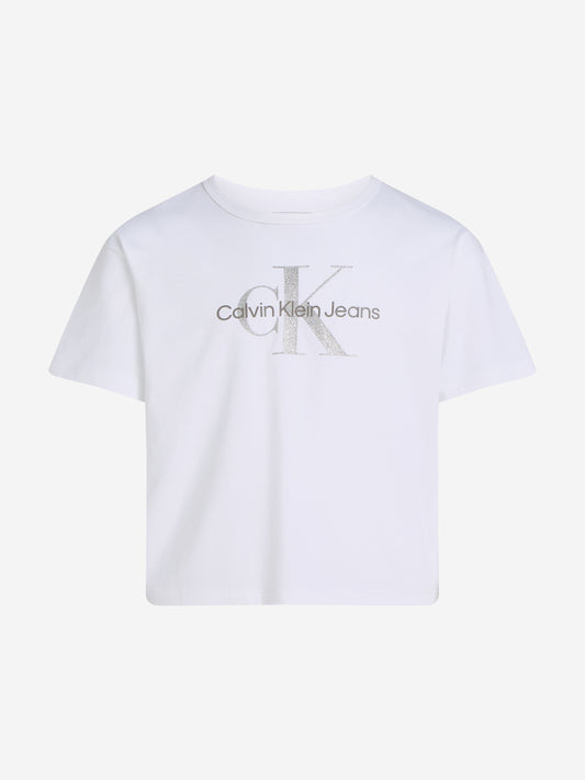 Girls Glitter Monologo T-Shirt in White