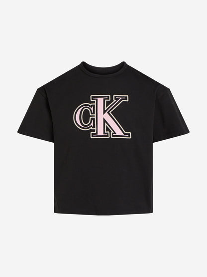Girls Monogram Flock Boxy T-Shirt in Black