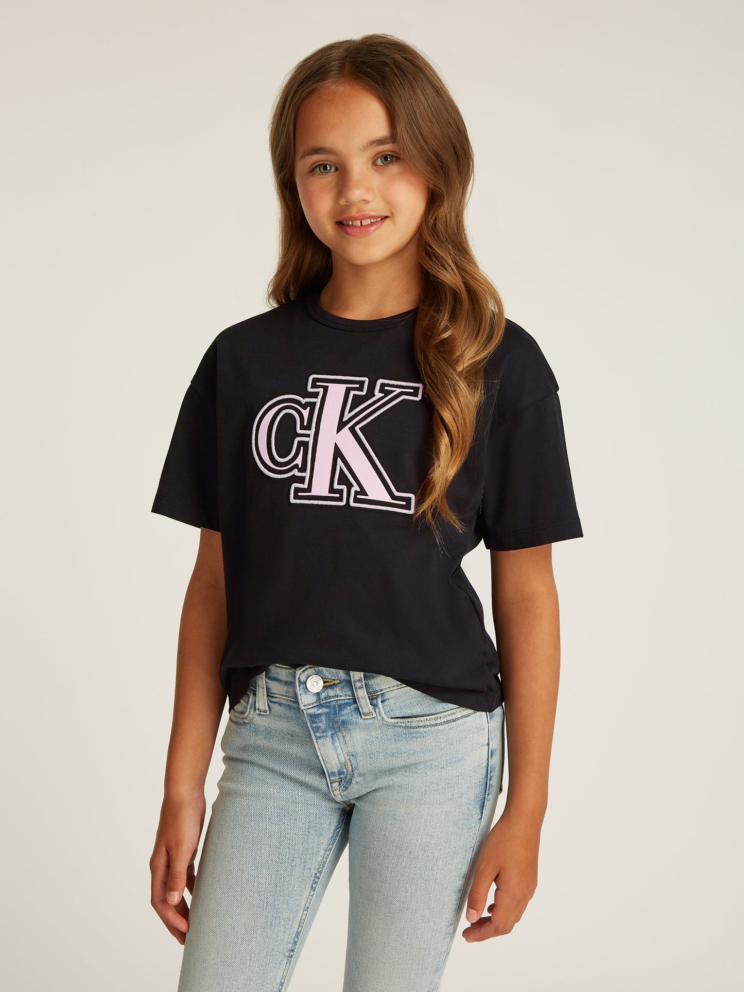 Girls Monogram Flock Boxy T-Shirt in Black