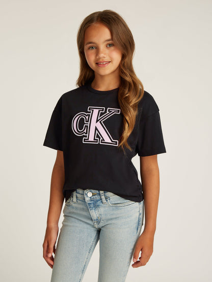 Girls Monogram Flock Boxy T-Shirt in Black