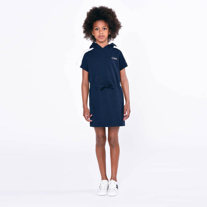 女童蓝色连帽连衣裙