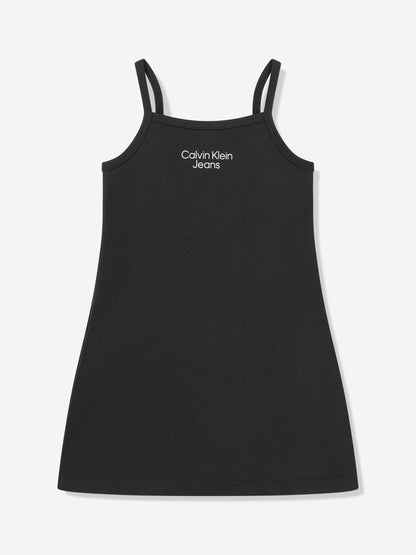 Calvin Klein Girls Stack Logo Punto Strap Dress in Black