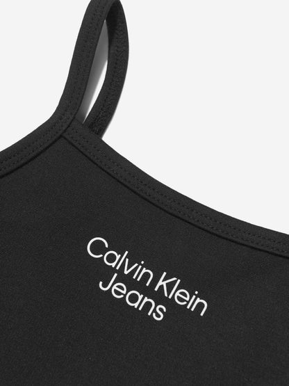 Calvin Klein Girls Stack Logo Punto Strap Dress in Black