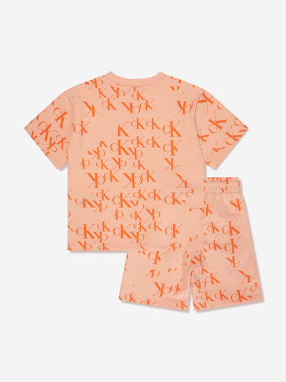 Calvin Klein Kids Monogram Shorts Set in Peach