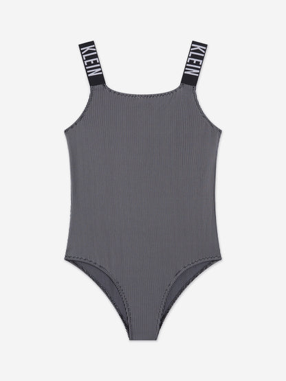 Calvin Klein Girls Logo Strap Swimsuit in Black