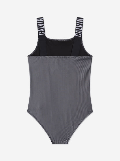 Calvin Klein Girls Logo Strap Swimsuit in Black