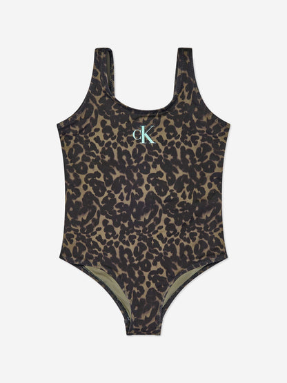 Calvin Klein Girls Logo Print Swimsuit in Multicolour
