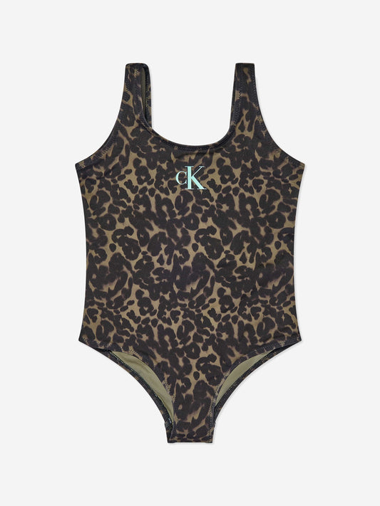 Calvin Klein Girls Logo Print Swimsuit in Multicolour