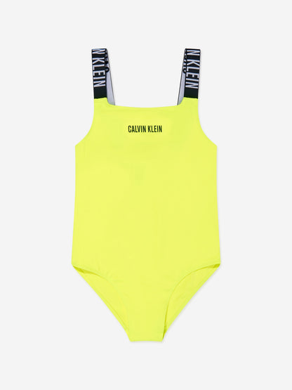 Calvin Klein Girls Logo Swimsuit in Black Yellow
