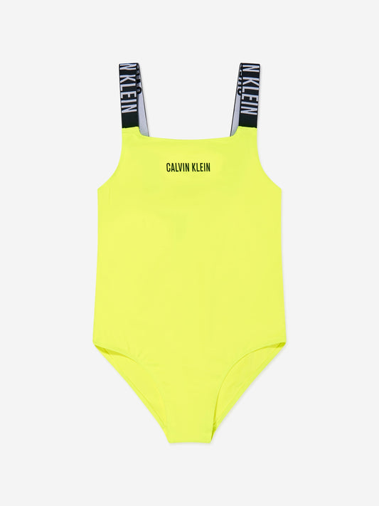 Calvin Klein Girls Logo Swimsuit in Black Yellow