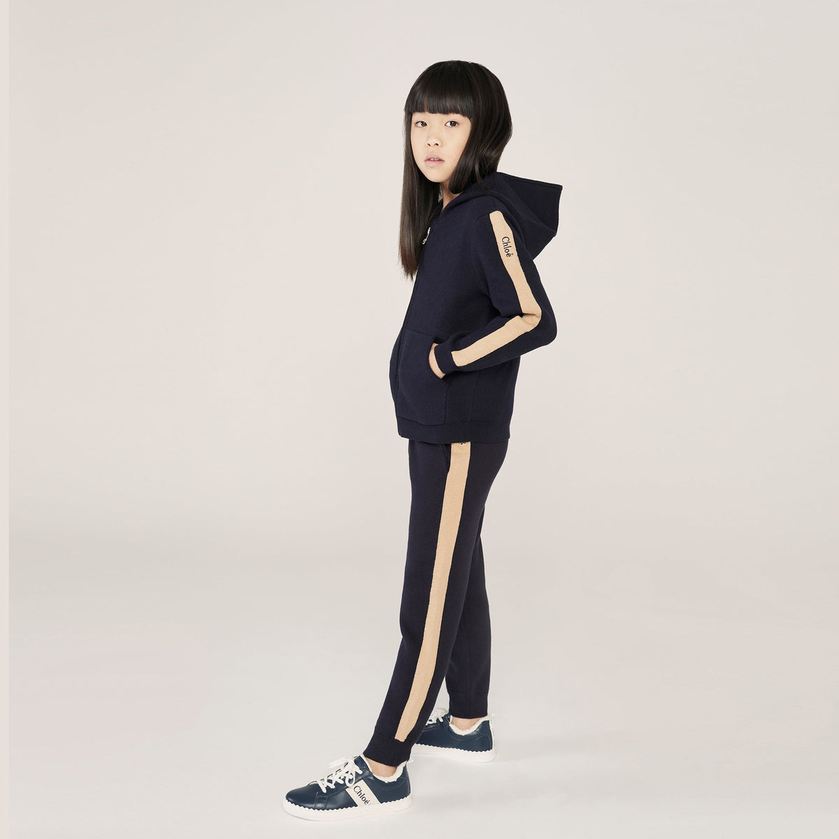 女童藏青色Logo棉长裤