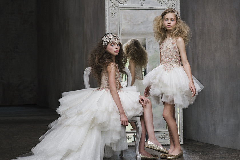 Girls White Patch Pearl Trims Tullee Party Dress