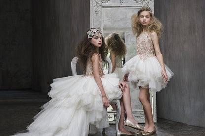 Girls White Patch Pearl Trims Tullee Party Dress