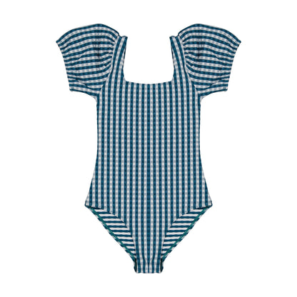 女童绿色格子泳衣