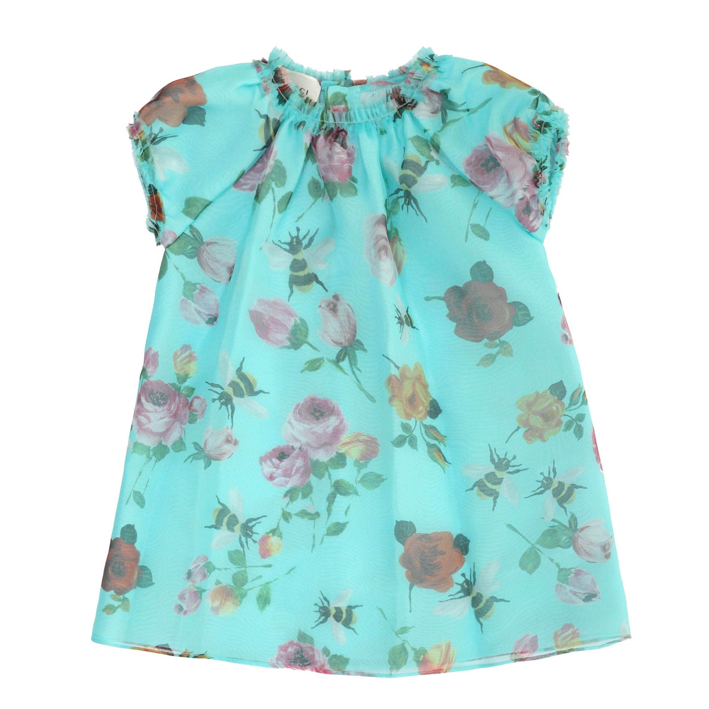 Baby Girls Sky Blue Dress With Flower Print Trims