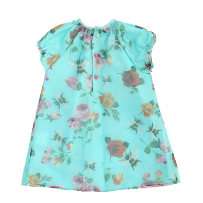 Baby Girls Sky Blue Dress With Flower Print Trims