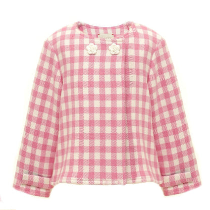 Baby Girls Pink Check Wool Jacket With Patch Trims