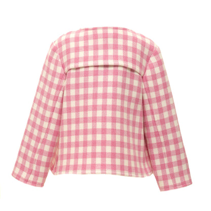 Baby Girls Pink Check Wool Jacket With Patch Trims