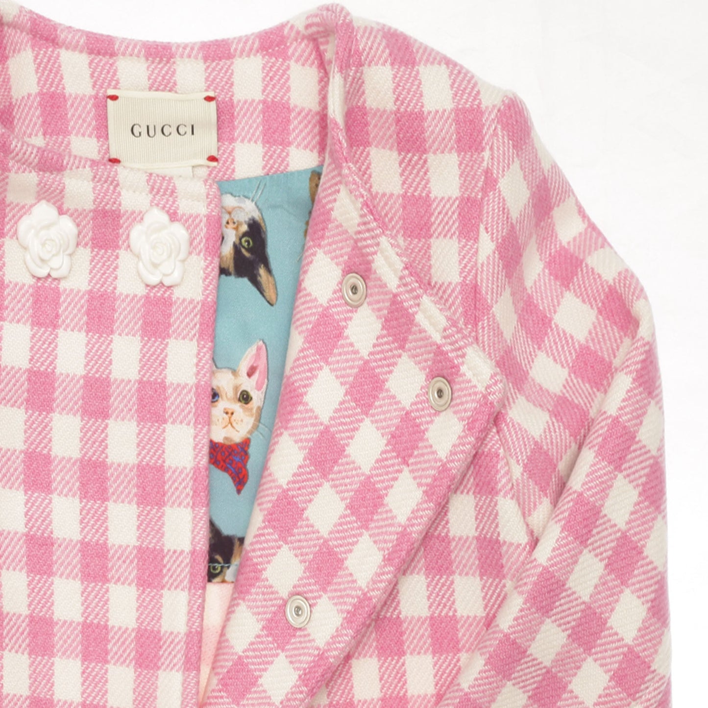 Baby Girls Pink Check Wool Jacket With Patch Trims