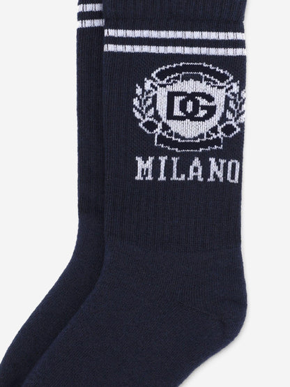 Dolce & Gabbana Boys Milano 徽标袜子（海军蓝）