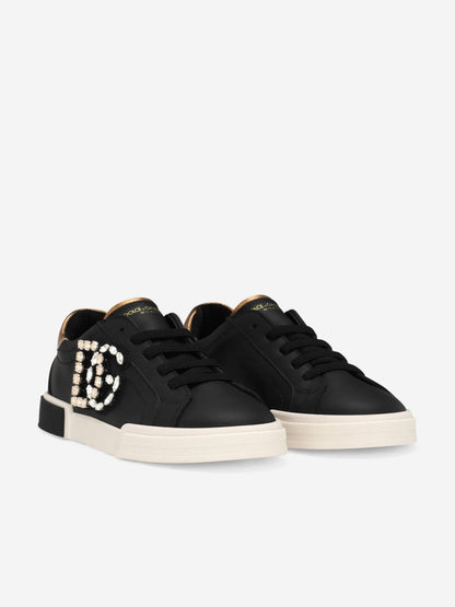 Dolce & Gabbana 女童 Portofino 皮革运动鞋（黑色）