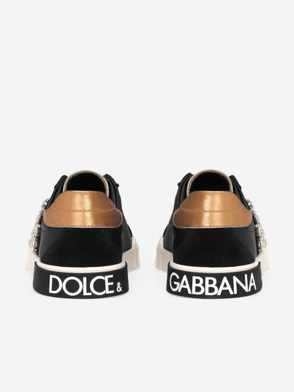 Dolce & Gabbana 女童 Portofino 皮革运动鞋（黑色）