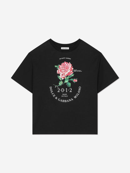 Dolce & Gabbana 女童黑色闪光玫瑰 T 恤