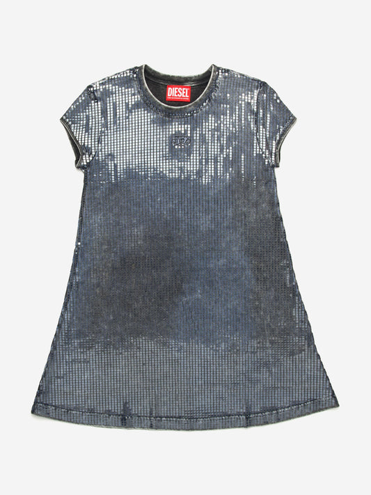 Girls Sequin Effect T-Shirt Dress in Black