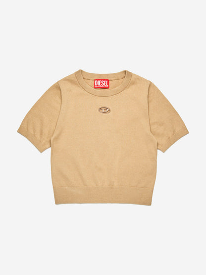 Girls Oval D Cotton Knit Top in Beige