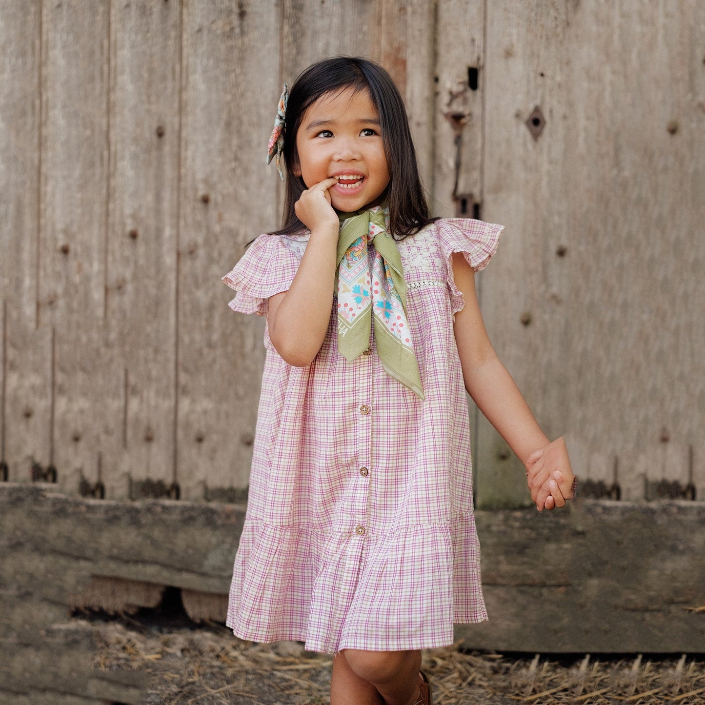 女童粉色格子棉连衣裙