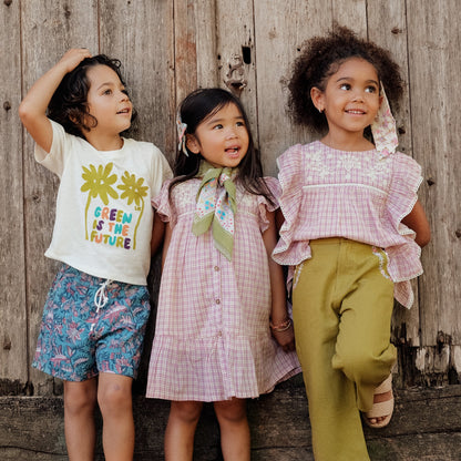 女童粉色格子棉连衣裙